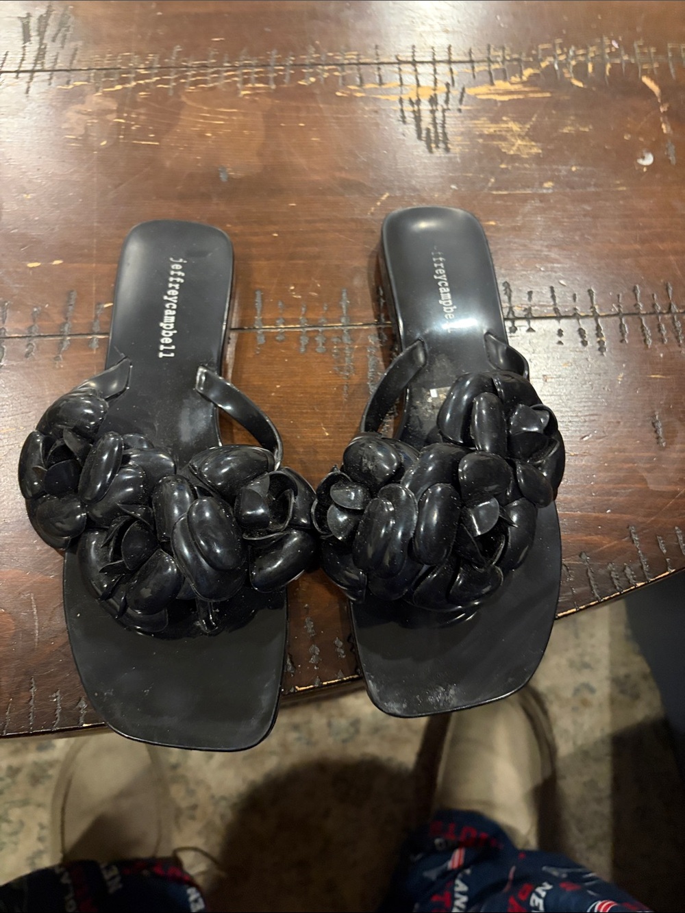 Jeffrey Campbell Black Beaded Slide Sandals with Floral Cluster
